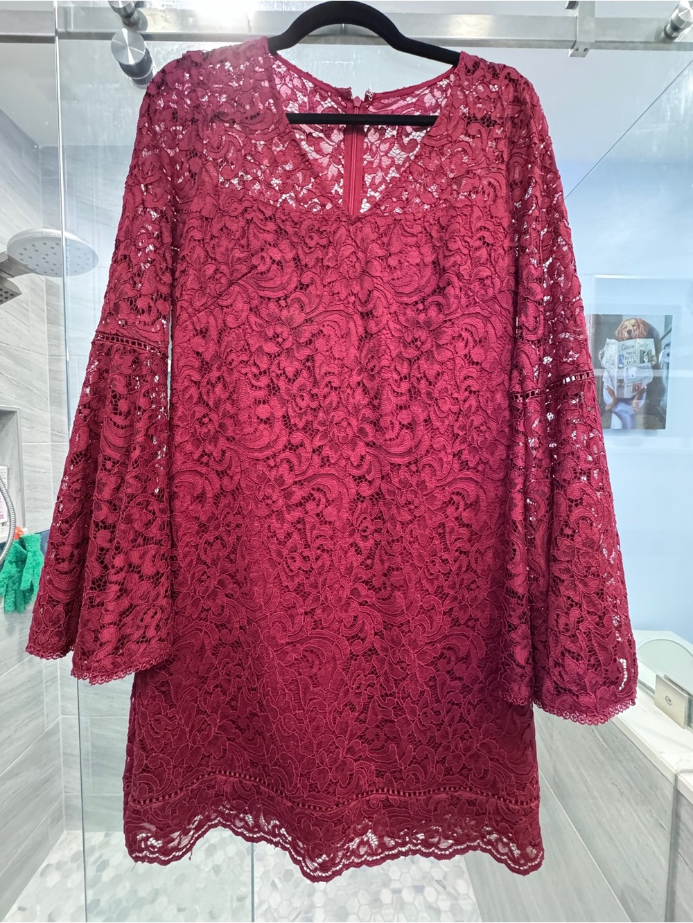 White House Black Market Wine Lace Bell-Sleeve Shift Dress
